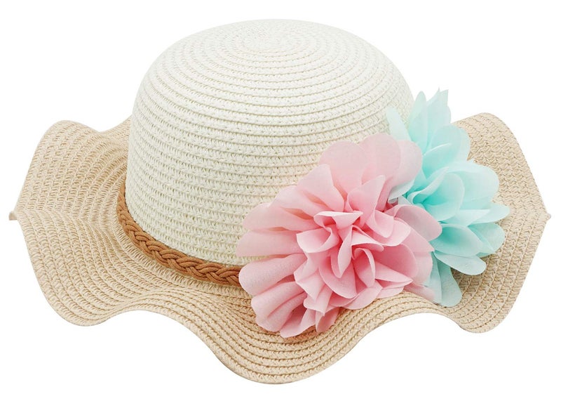 Bienvenu Little Girls Straw Floral Wide Large Brim Beach Sun Hat Cap,Flower Beige - Image 5